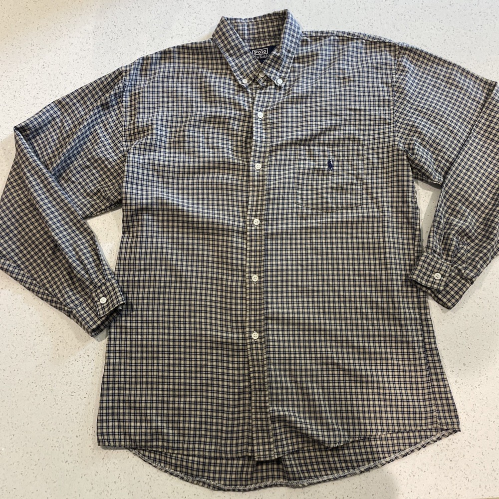 USA Made VTG 80s/90s Polo Ralph Lauren Blue Tan Plaid Shirt Pony Logo XXL